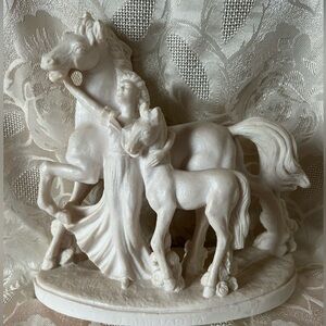 Vintage White Horses & Woman Figurine Sculpture